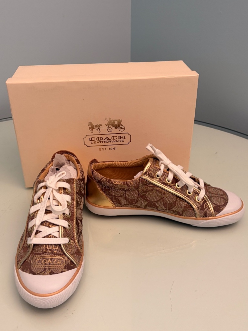 COACH Barrett Signature Khaki/Gold Sneakers – Women’s 8M – With Original Box